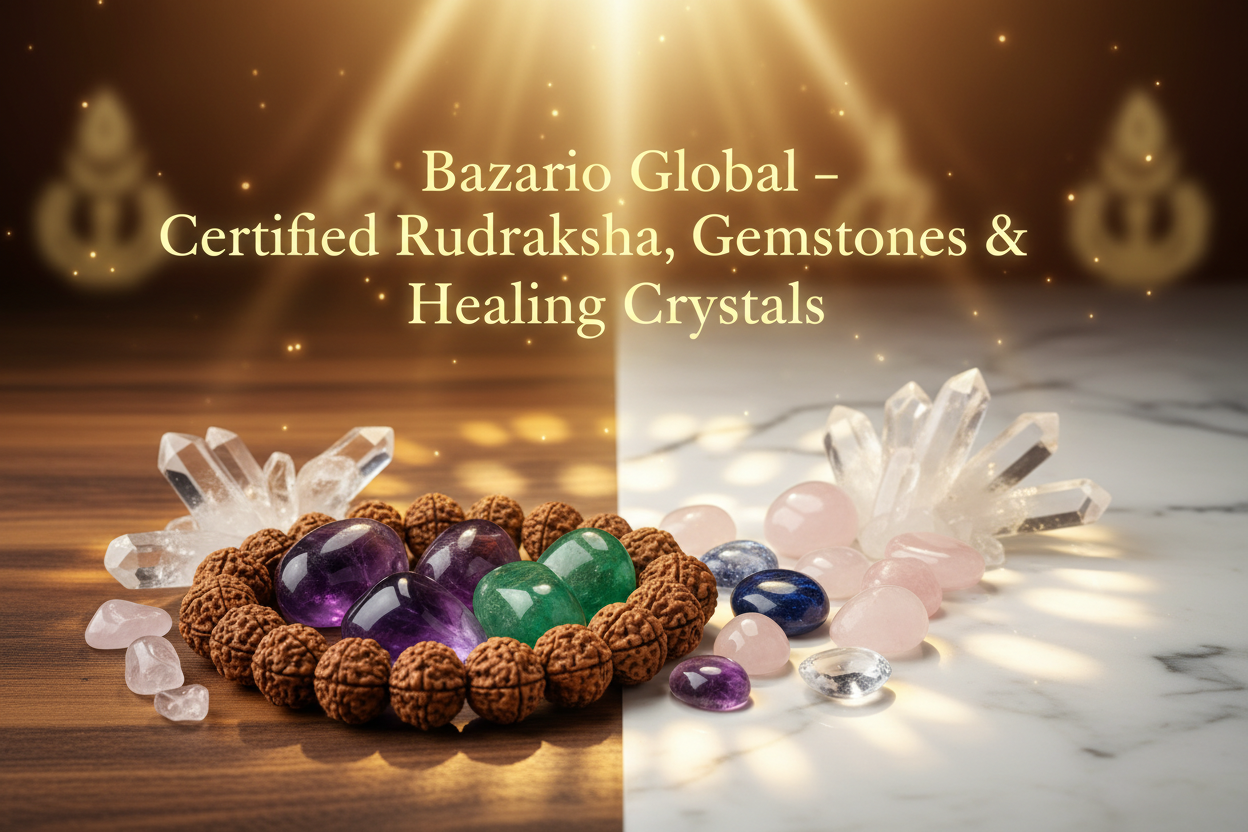 A high-quality digital banner for an Indian spiritual brand named "Bazario Global Enterprises". 
Show original Rudraksha beads, colorful natural gemstones, and healing crystals placed artistically on a wooden or marble background. 
Include soft divine light rays, a calm aura, and subtle spiritual energy glow around the products. 
The design should feel peaceful, premium, and authentic. 
Add the text: “Bazario Global – Certified Rudraksha, Gemstones & Healing Crystals” in elegant golden or white font. 
Keep 